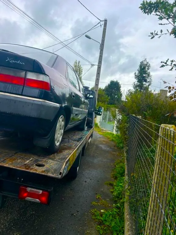Voiture chargée sur un camion plateau longeant une clôture grillagée.