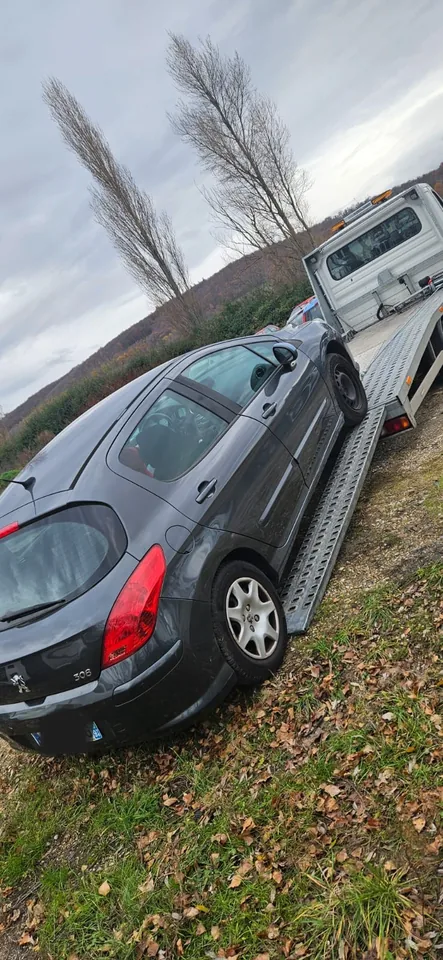Voiture sombre dans l’axe d’un plateau abaissé sur un terrain bordé d’arbres.