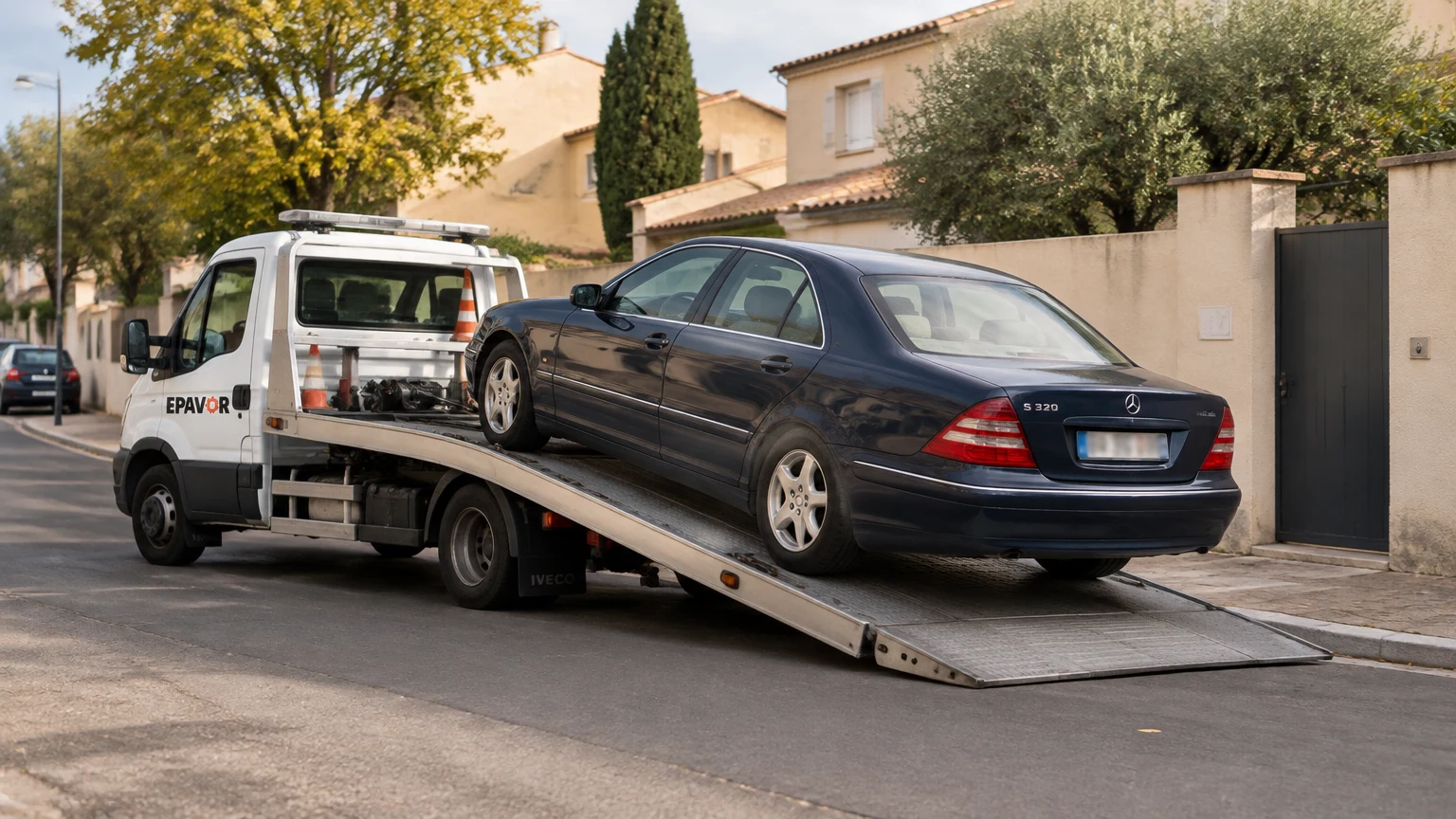 Illustration d’un enlèvement d’épave à Aigues-Mortes avec une dépanneuse — service d’épaviste.
