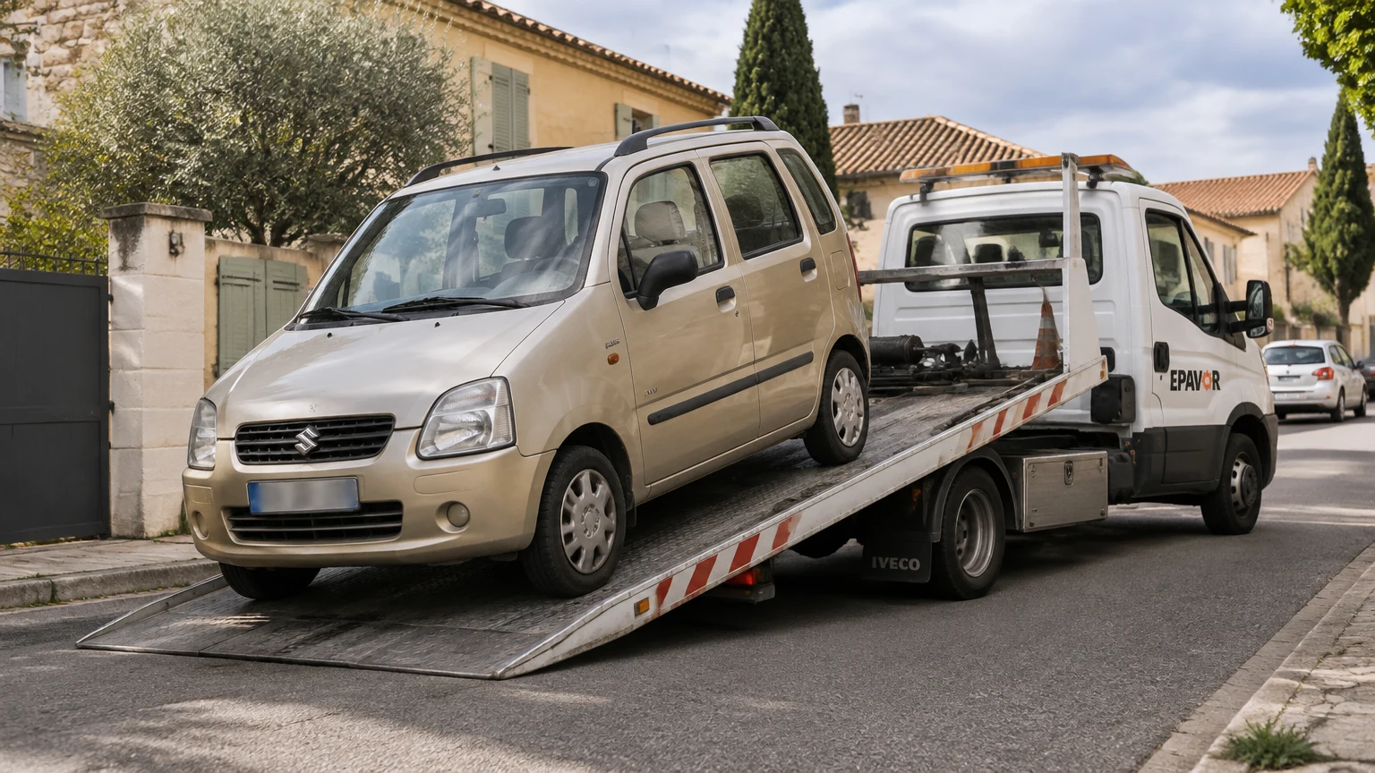 Illustration d’un enlèvement d’épave à Aigues-Vives avec une dépanneuse — service d’épaviste.
