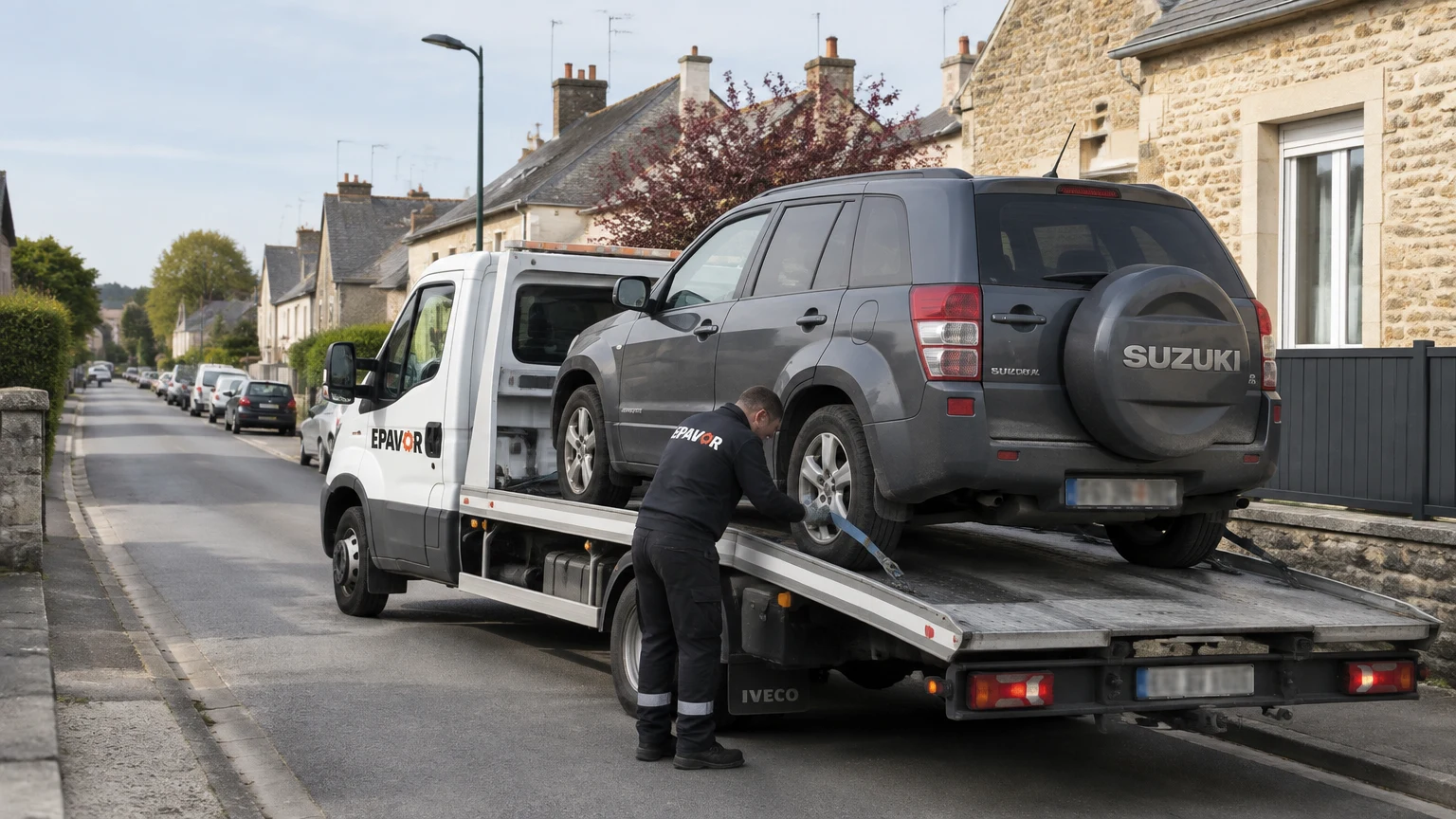 Illustration d’un enlèvement d’épave à Andouillé avec une dépanneuse — service d’épaviste.