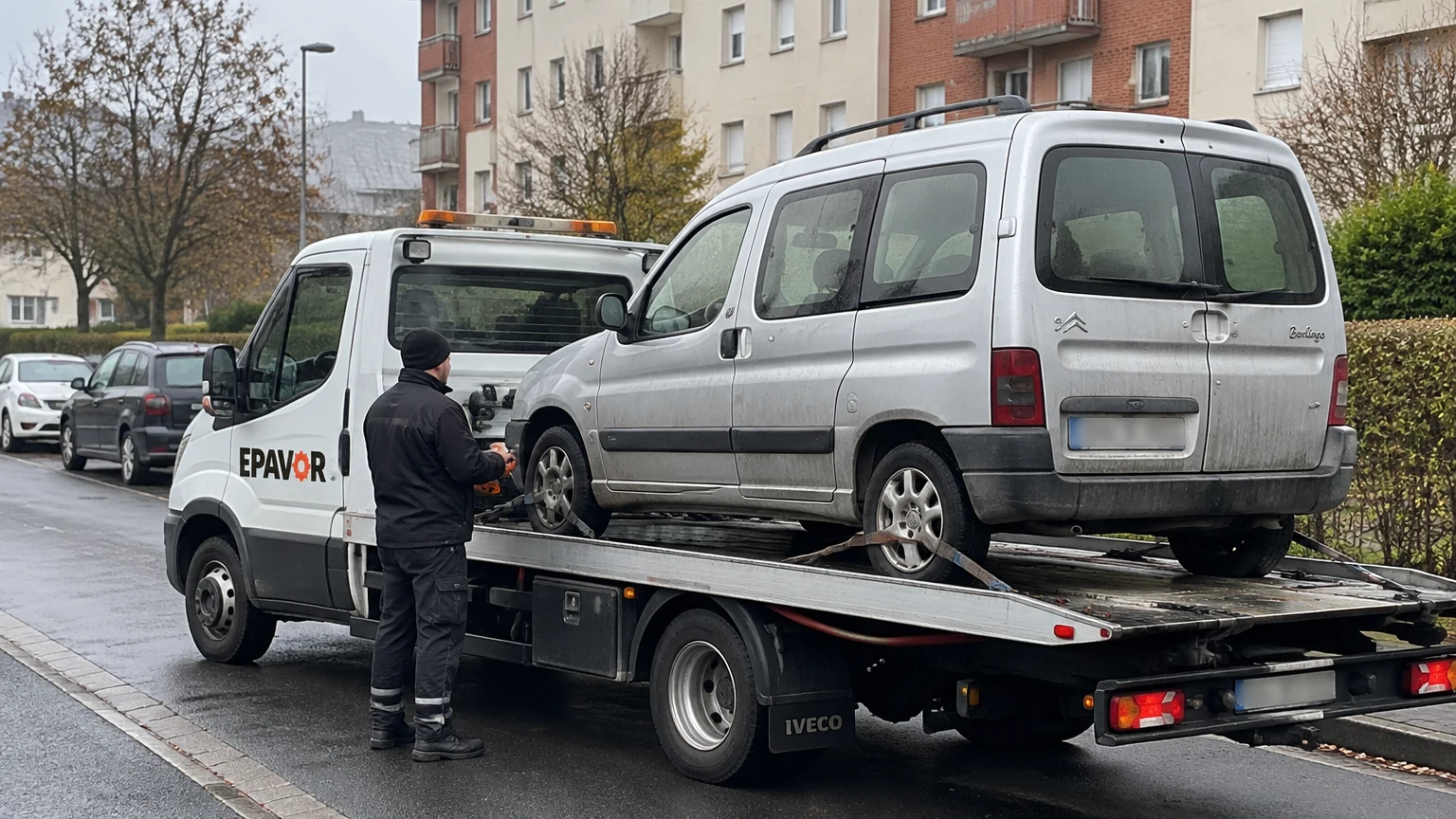 Illustration d’un enlèvement d’épave à Annezin avec une dépanneuse — service d’épaviste.