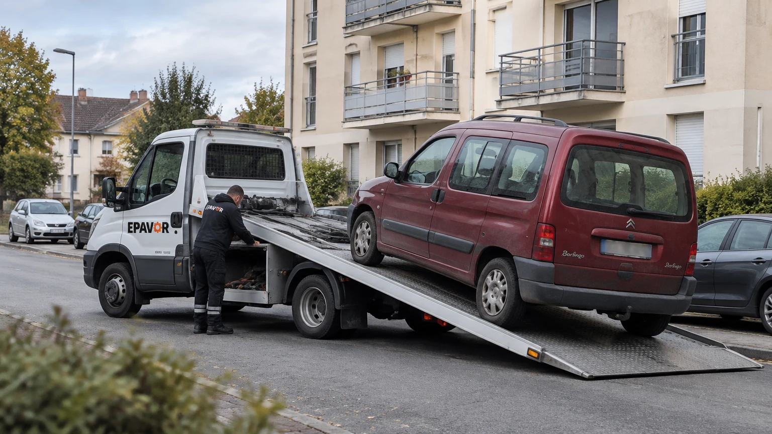 Illustration d’un enlèvement d’épave à Argenton-sur-Creuse avec une dépanneuse — service d’épaviste.