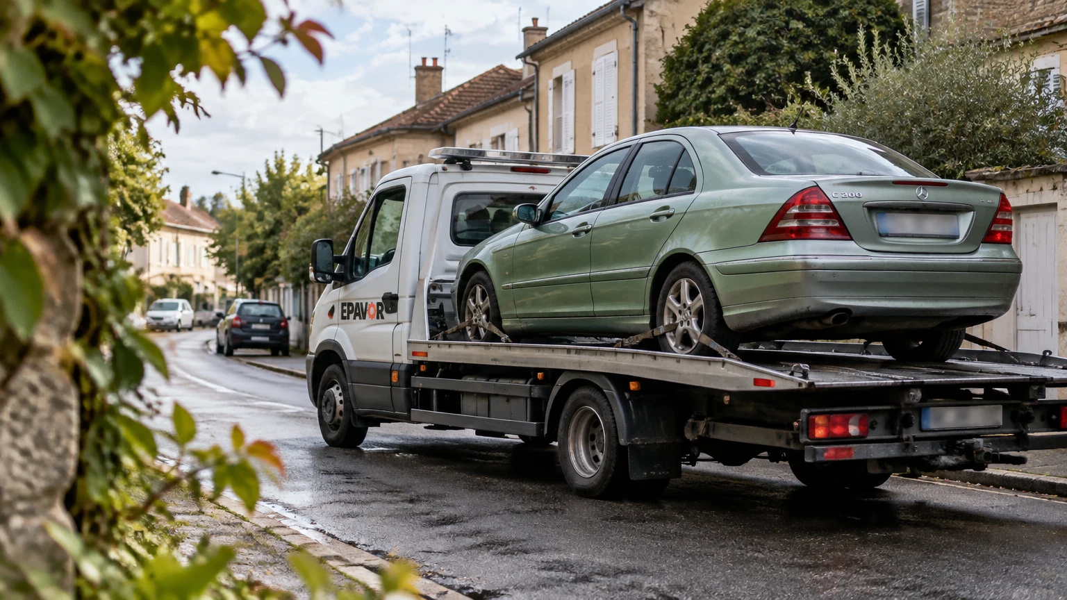 Illustration d’un enlèvement d’épave à Bergerac avec une dépanneuse — service d’épaviste.