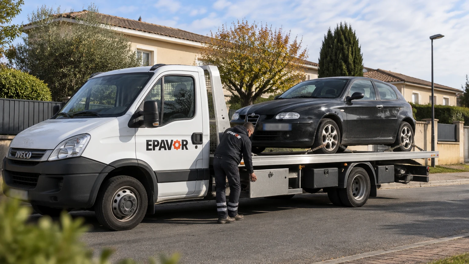 Illustration d’un enlèvement d’épave à Beychac-et-Caillau avec une dépanneuse — service d’épaviste.