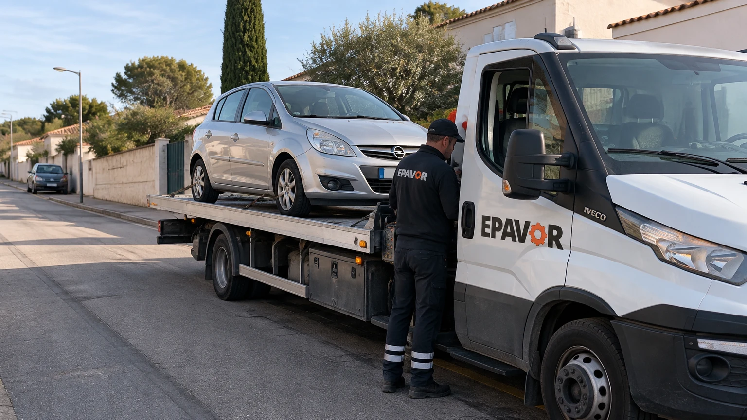 Illustration d’un enlèvement d’épave à Bezouce avec une dépanneuse — service d’épaviste.