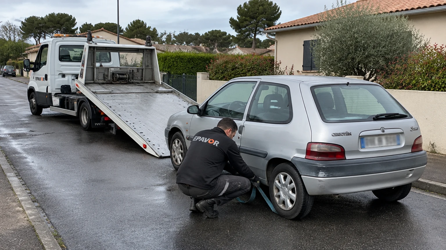 Illustration d’un enlèvement d’épave à Biganos avec une dépanneuse — service d’épaviste.