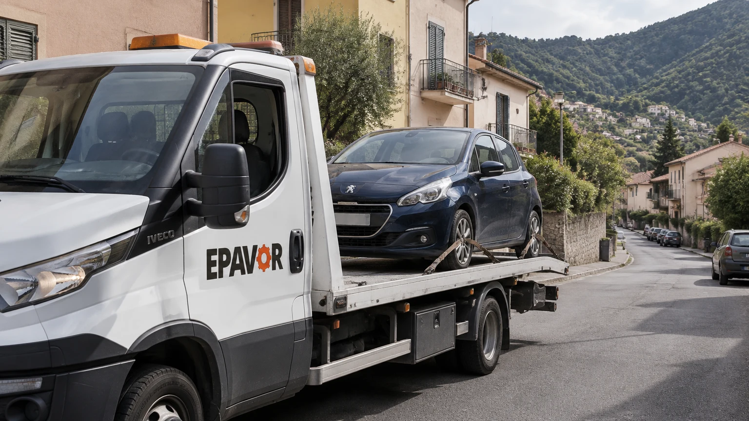 Illustration d’un enlèvement d’épave à Breil-sur-Roya avec une dépanneuse — service d’épaviste.
