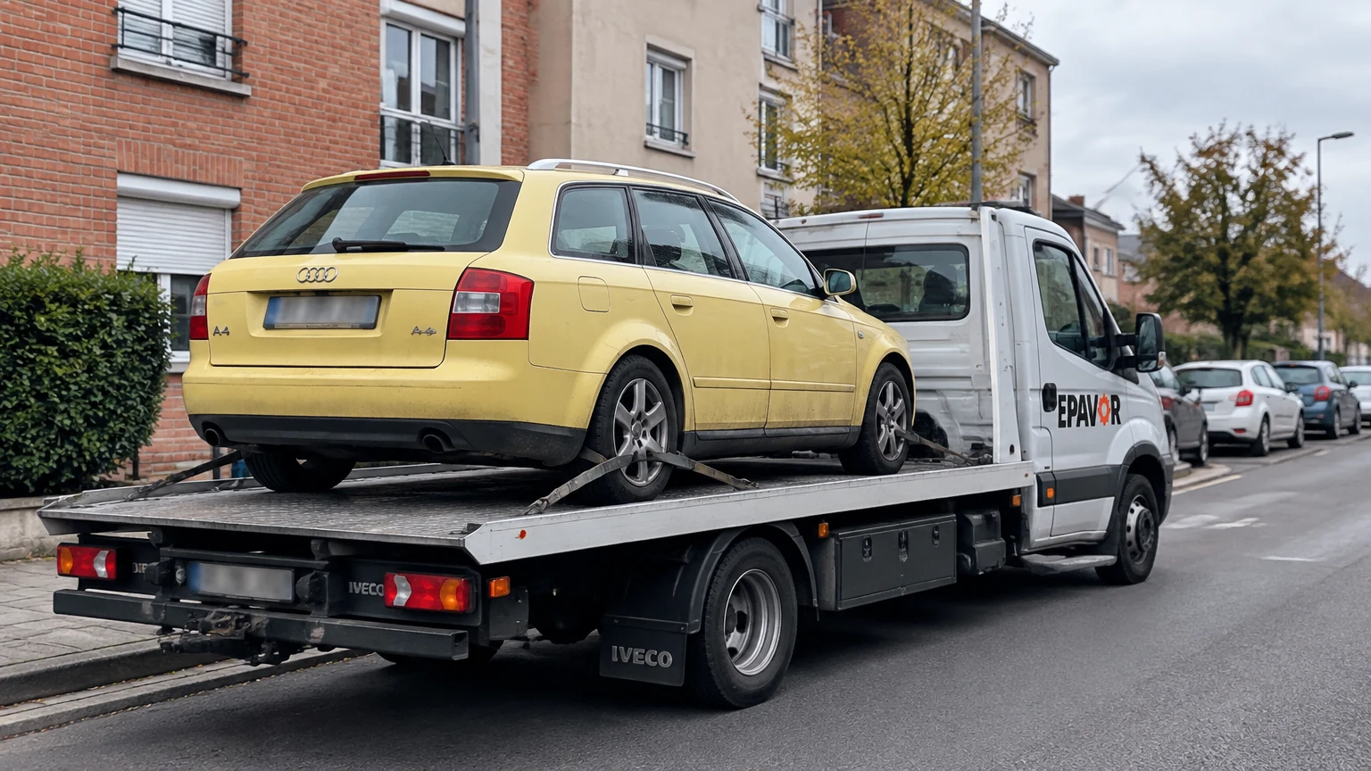 Illustration d’un enlèvement d’épave à Camon avec une dépanneuse — service d’épaviste.