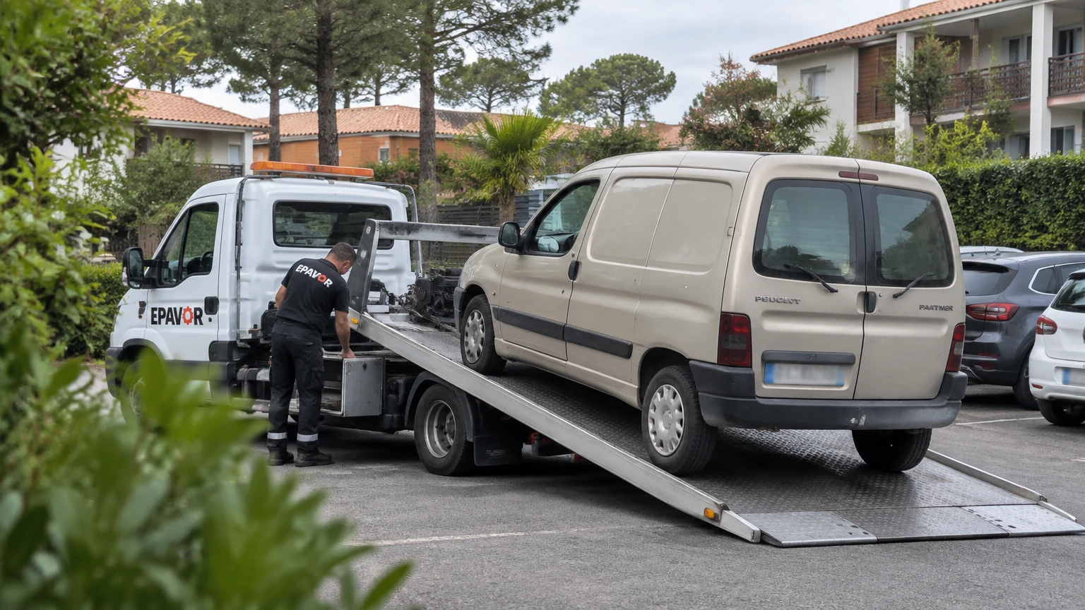 Illustration d’un enlèvement d’épave à Capbreton avec une dépanneuse — service d’épaviste.