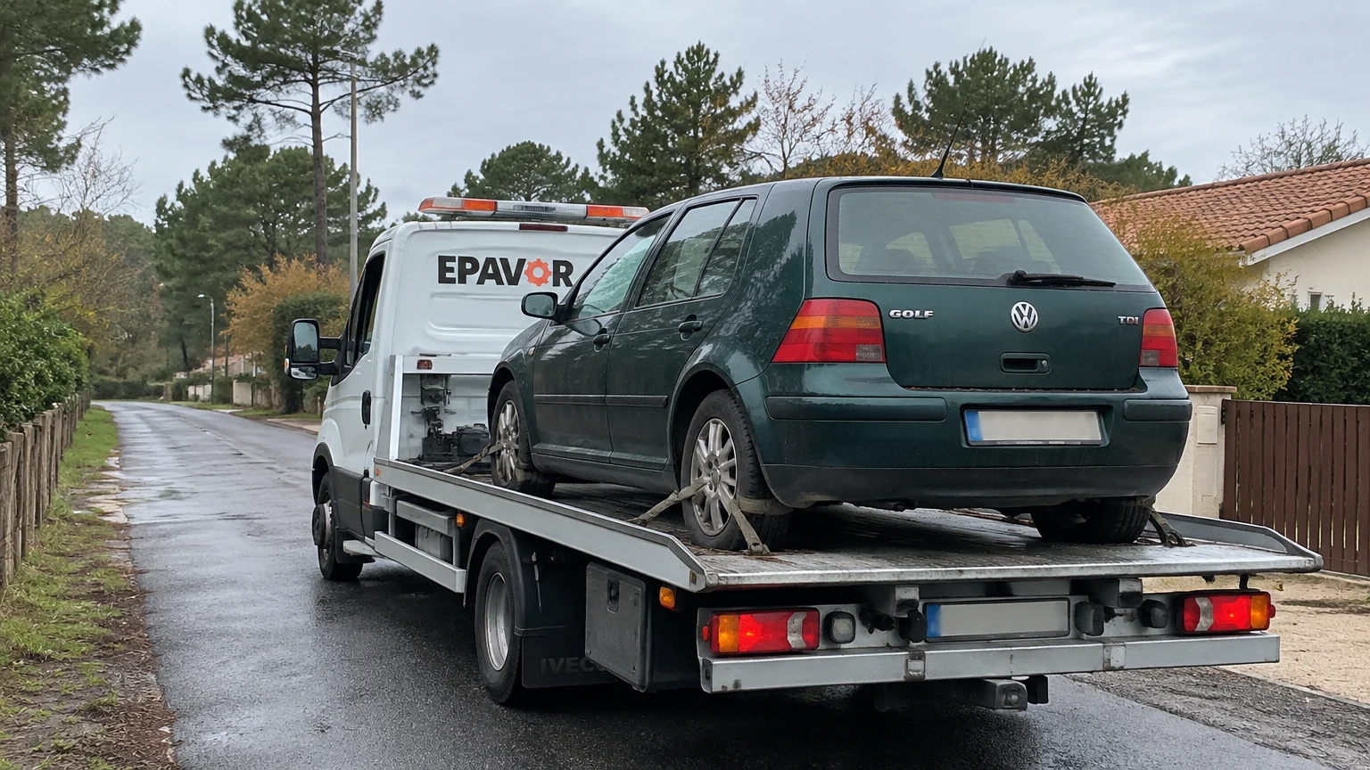 Illustration d’un enlèvement d’épave à Carcans avec une dépanneuse — service d’épaviste.