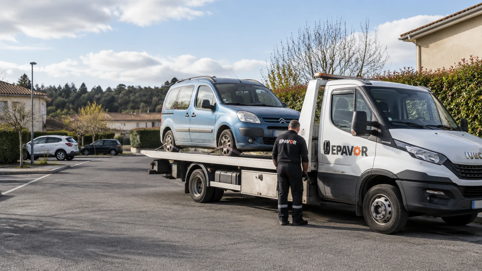 Illustration d’un enlèvement d’épave à Carignan-de-Bordeaux avec une dépanneuse — service d’épaviste.