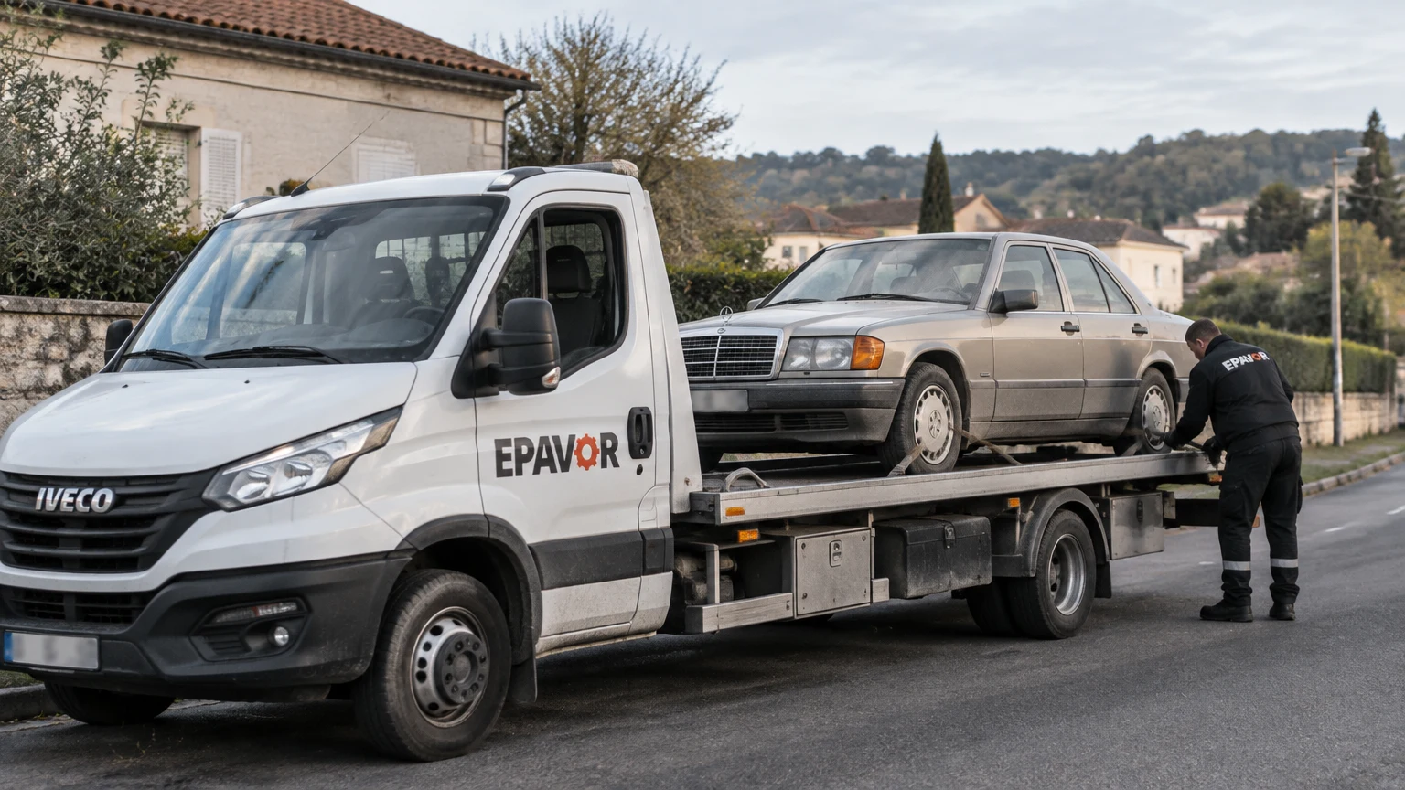 Illustration d’un enlèvement d’épave à Castillon-la-Bataille avec une dépanneuse — service d’épaviste.