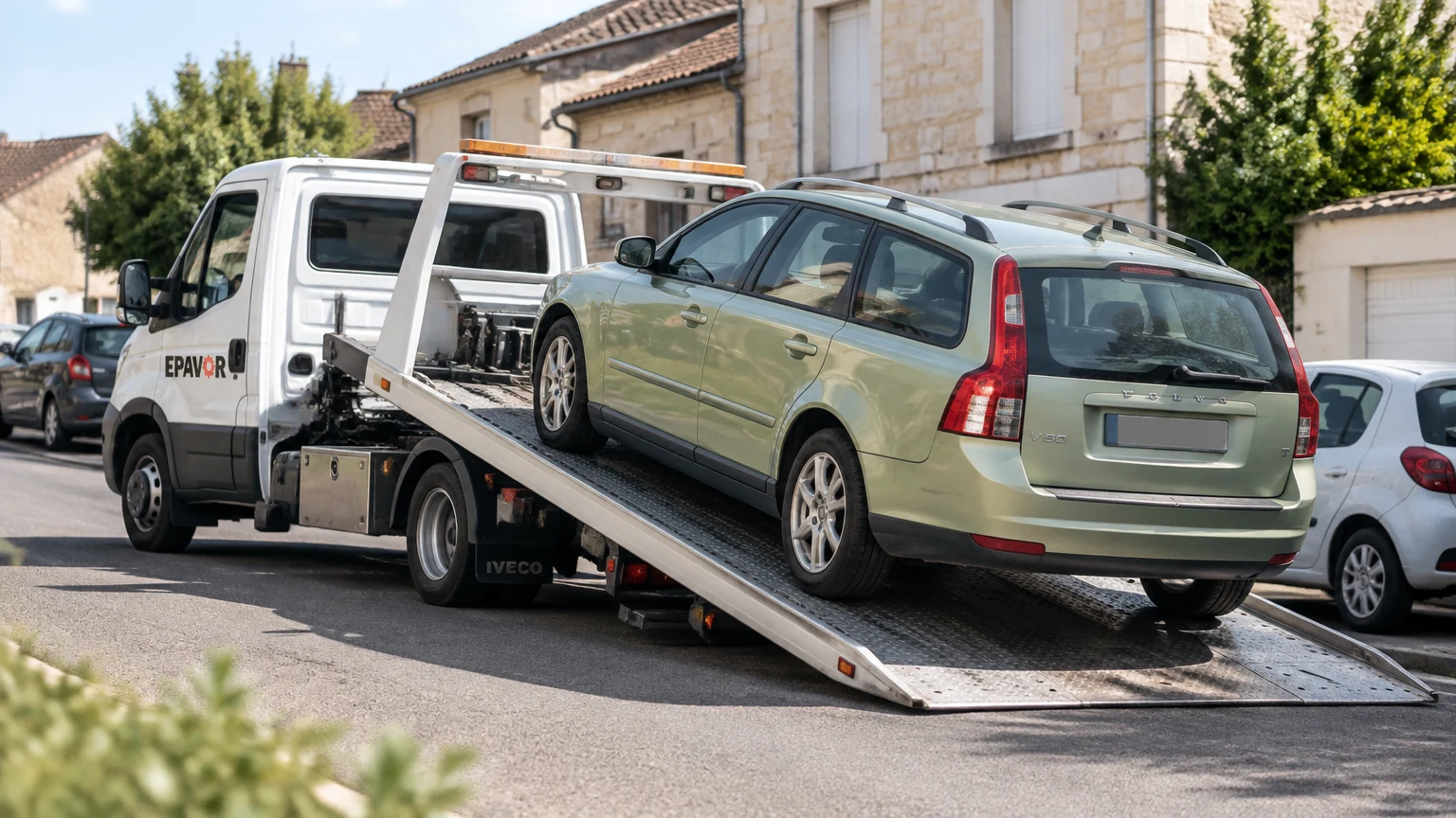 Illustration d’un enlèvement d’épave à Cavignac avec une dépanneuse — service d’épaviste.