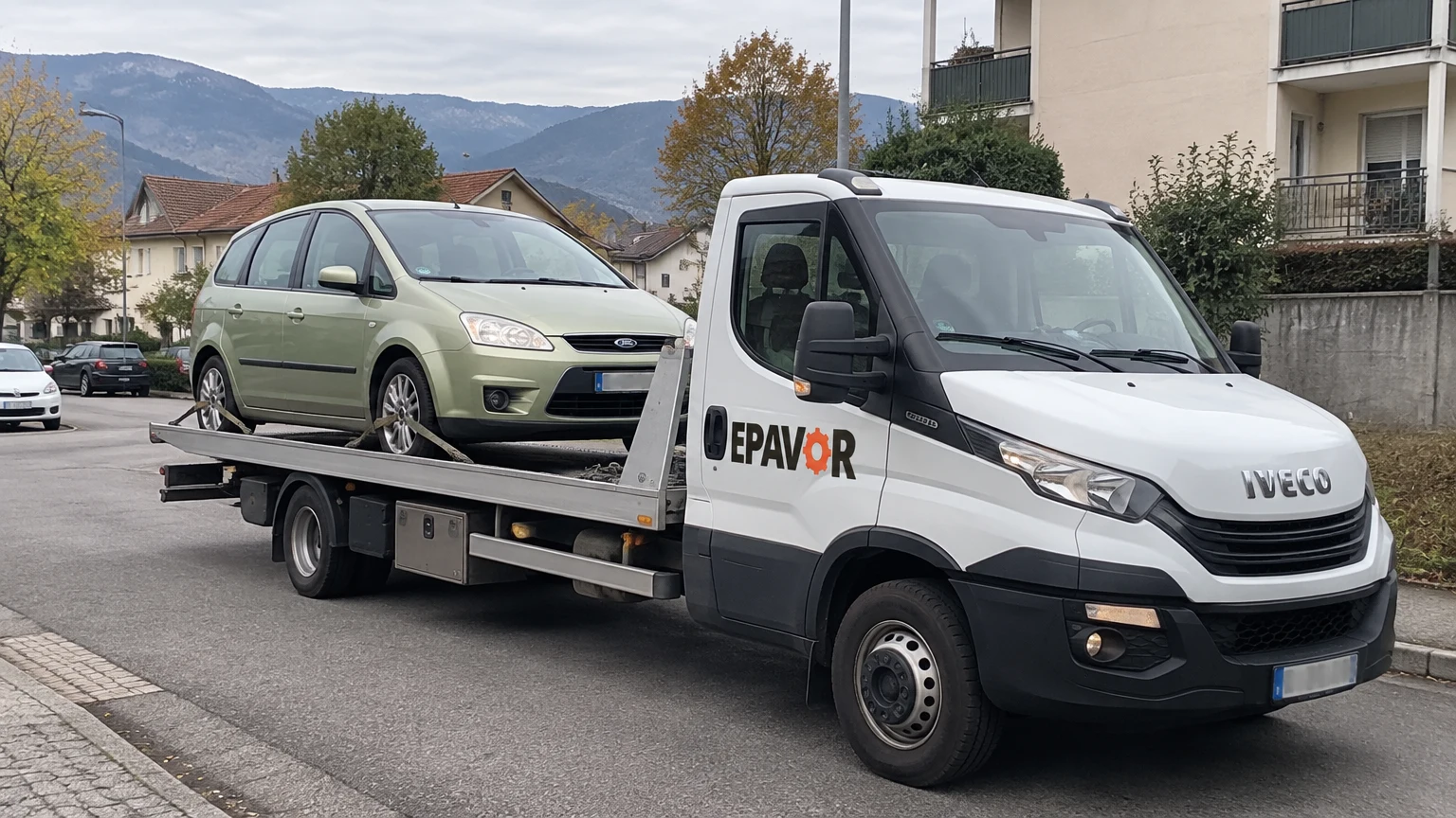 Illustration d’un enlèvement d’épave à Challes-les-Eaux avec une dépanneuse — service d’épaviste.