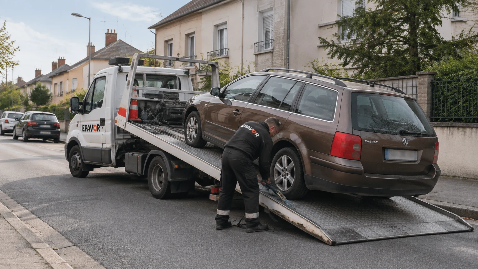Illustration d’un enlèvement d’épave à Châteauneuf-sur-Loire avec une dépanneuse — service d’épaviste.