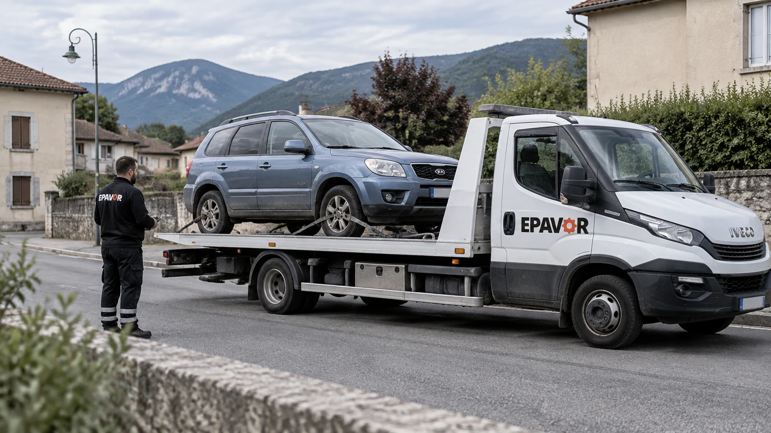 Illustration d’un enlèvement d’épave à Chatte avec une dépanneuse — service d’épaviste.