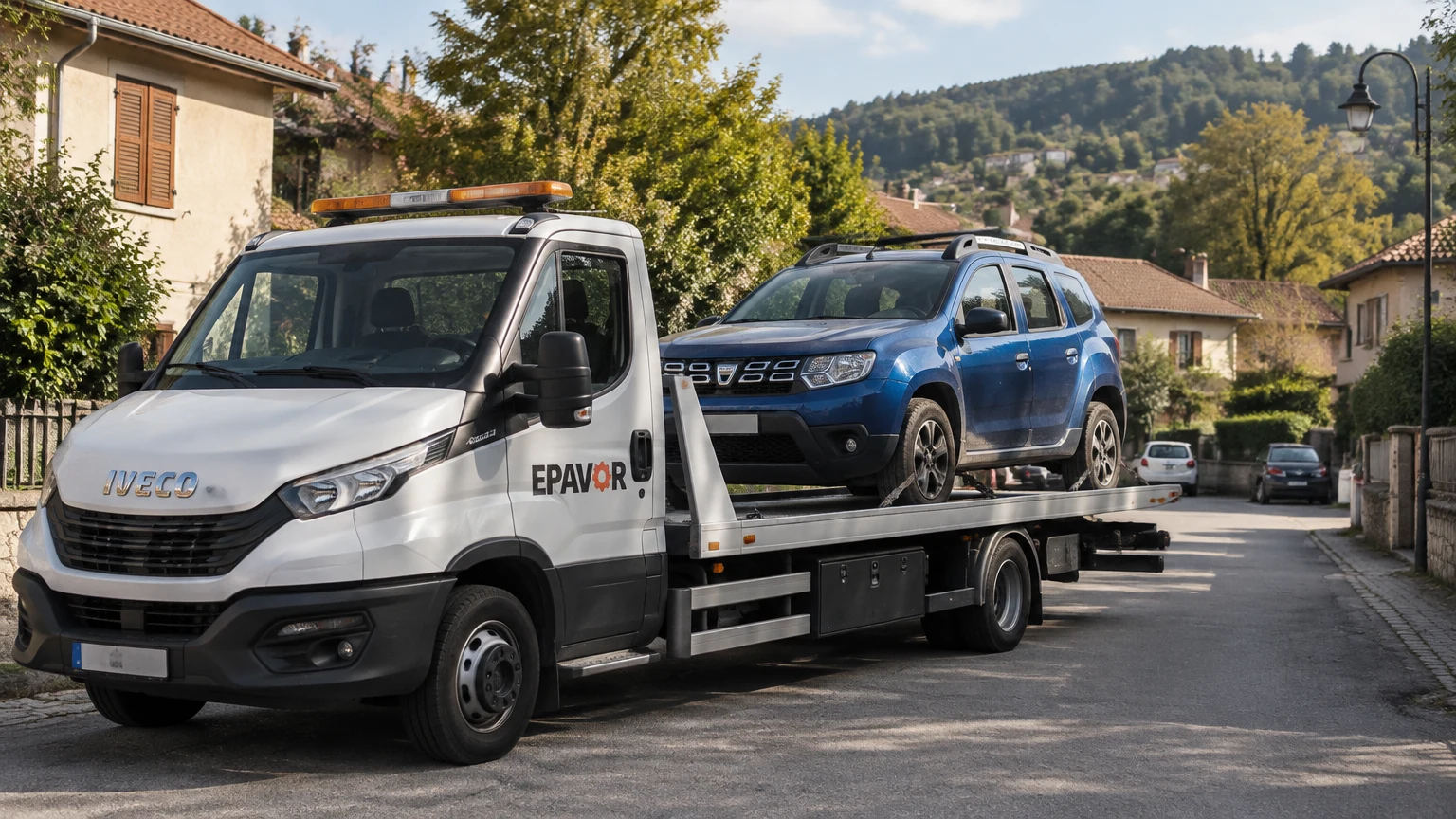 Illustration d’un enlèvement d’épave à Chirens avec une dépanneuse — service d’épaviste.