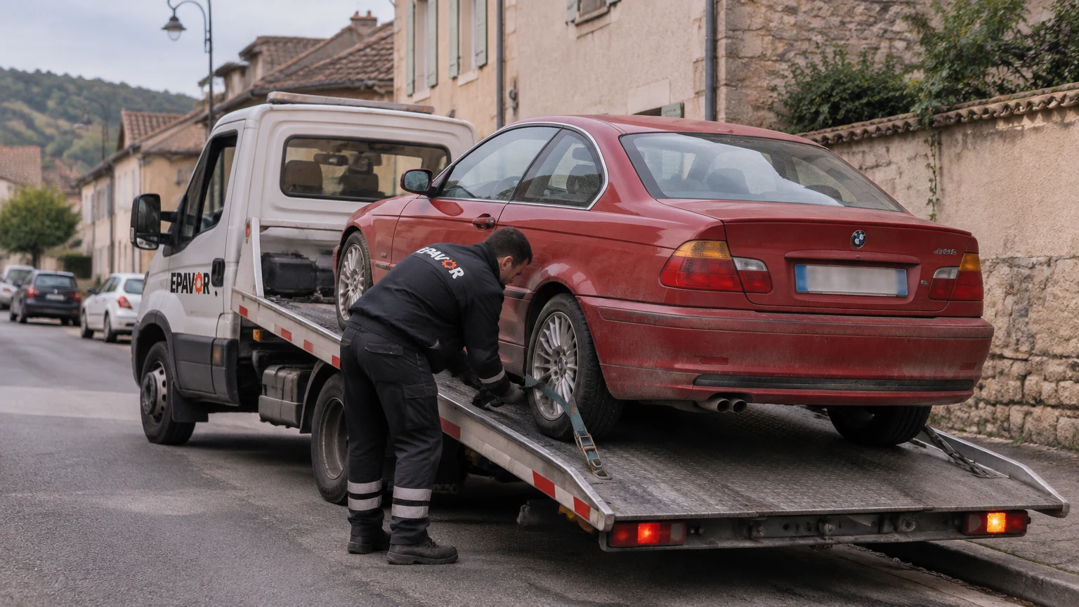 Illustration d’un enlèvement d’épave à Cluny avec une dépanneuse — service d’épaviste.