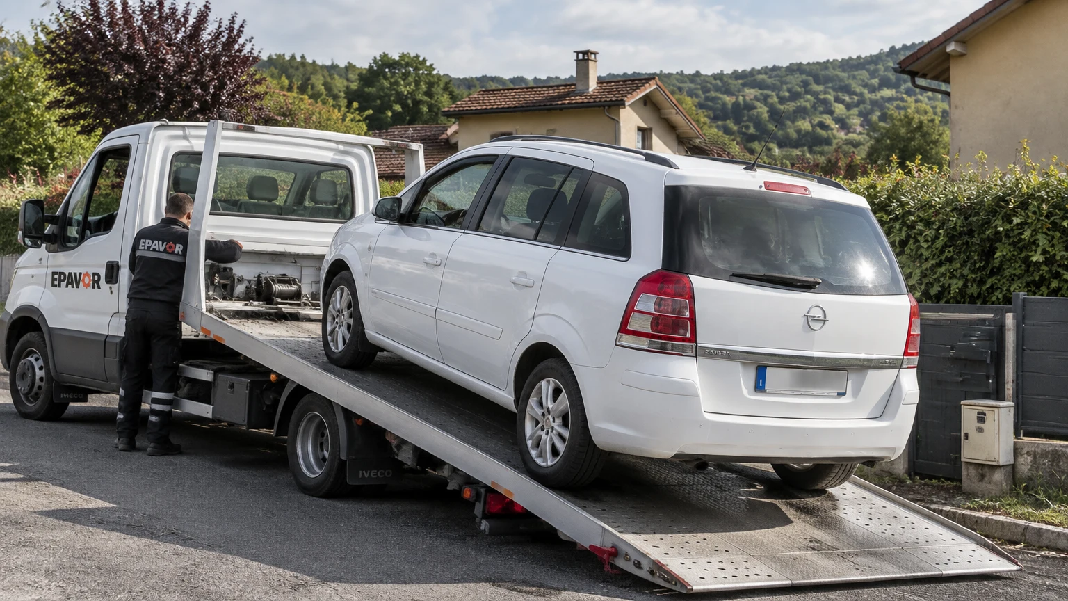 Illustration d’un enlèvement d’épave à Cosnac avec une dépanneuse — service d’épaviste.