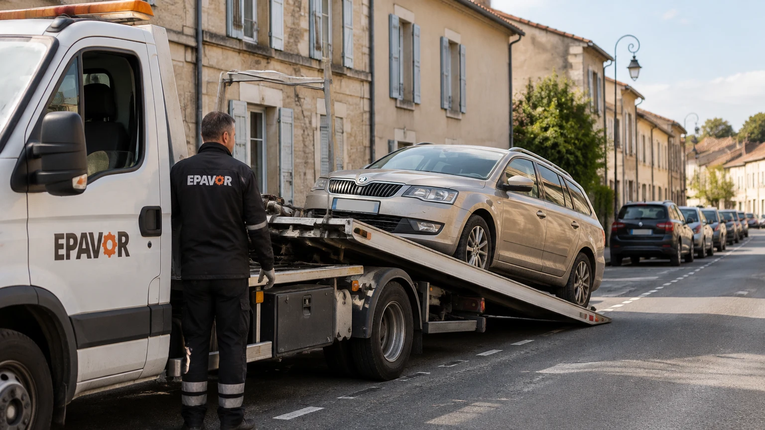 Illustration d’un enlèvement d’épave à Créon avec une dépanneuse — service d’épaviste.