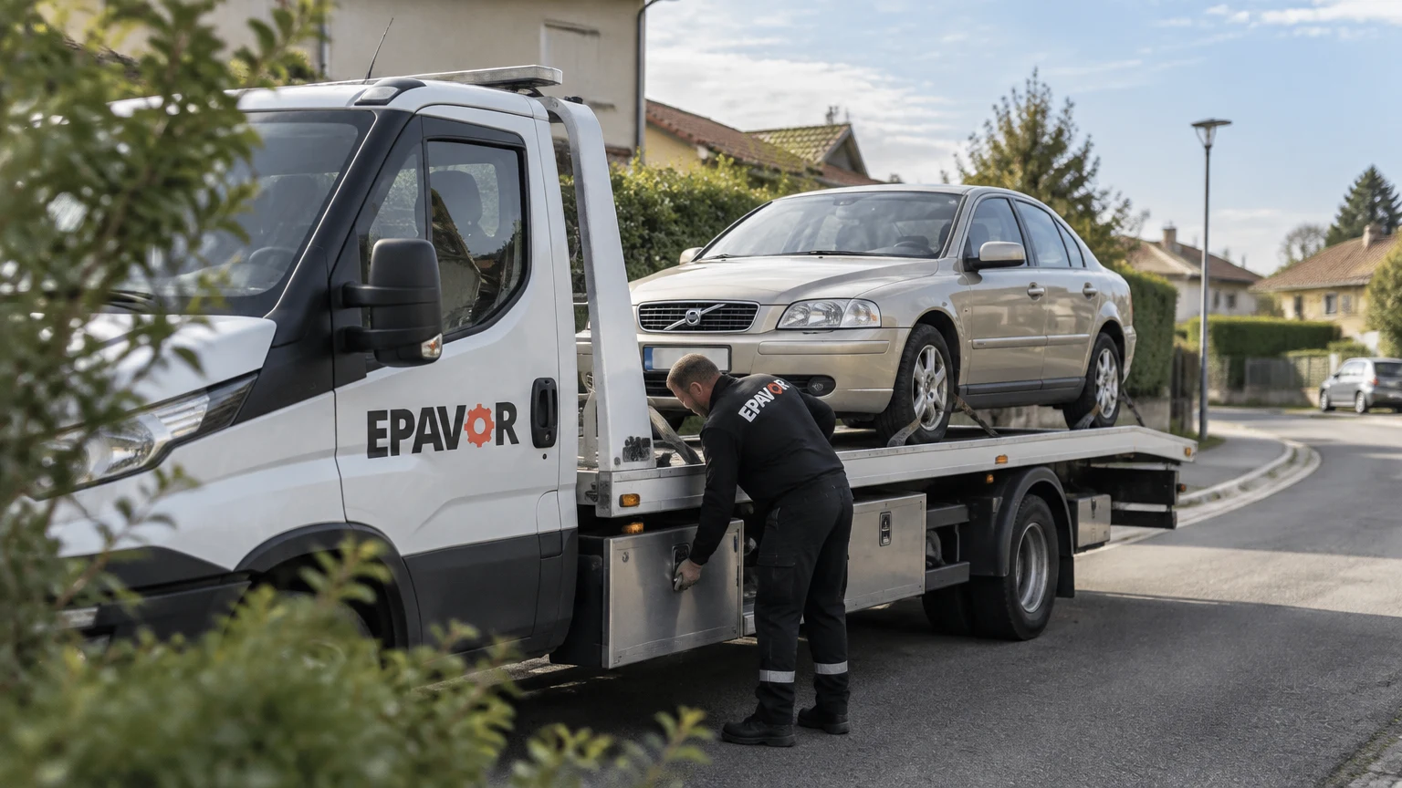 Illustration d’un enlèvement d’épave à Cubzac-les-Ponts avec une dépanneuse — service d’épaviste.