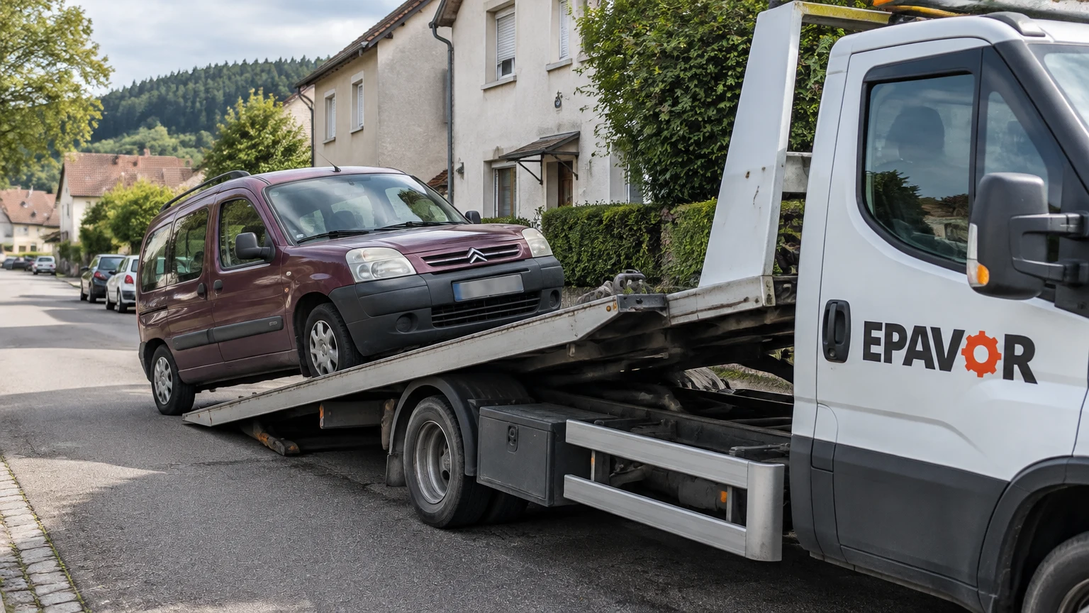 Illustration d’un enlèvement d’épave à Dabo avec une dépanneuse — service d’épaviste.