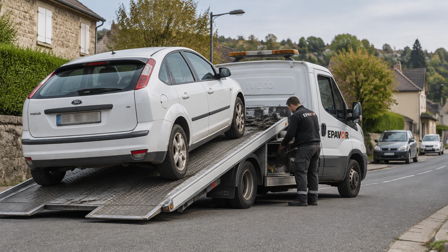 Illustration d’un enlèvement d’épave à Donzenac avec une dépanneuse — service d’épaviste.