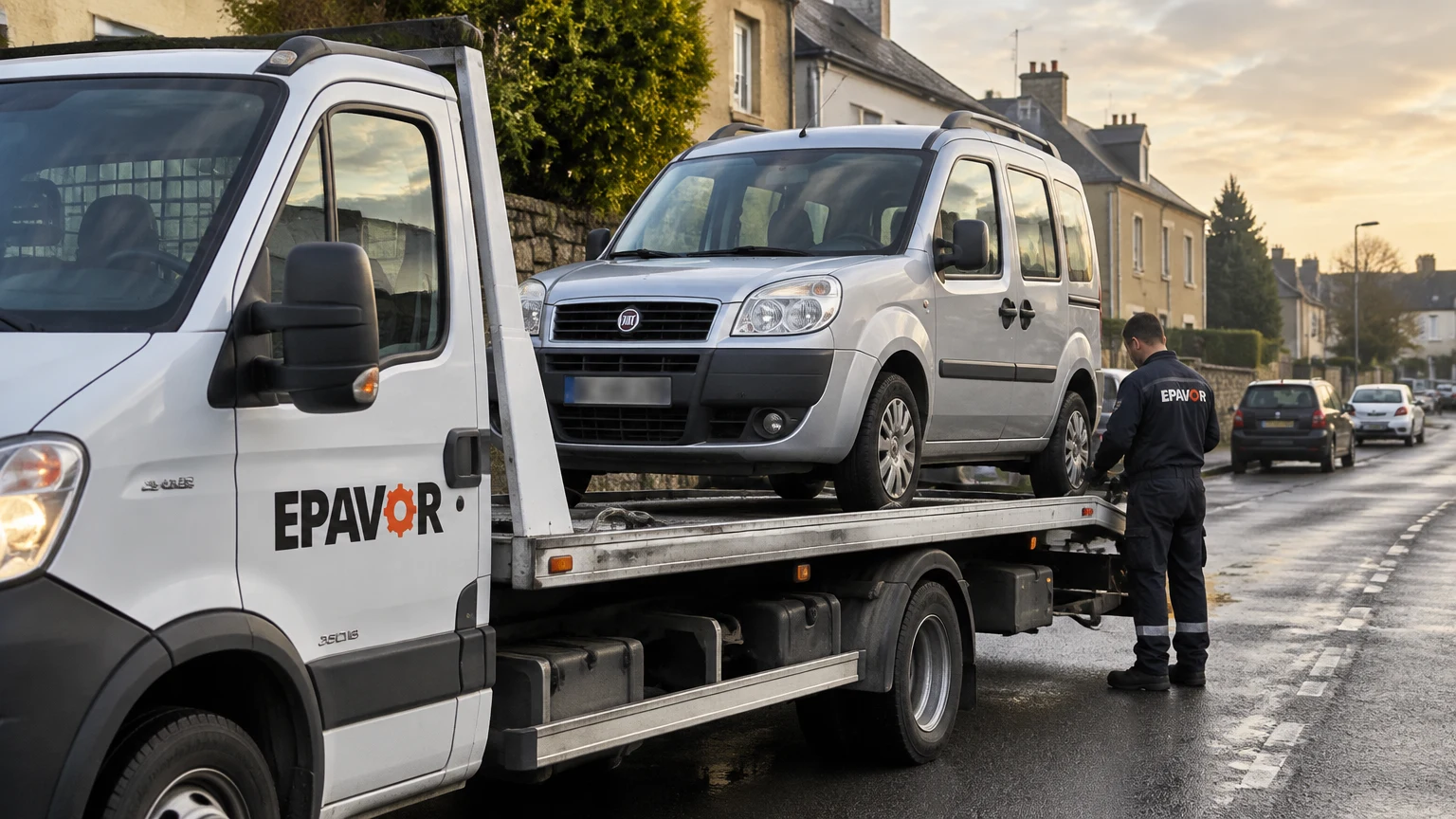 Illustration d’un enlèvement d’épave à Ernée avec une dépanneuse — service d’épaviste.