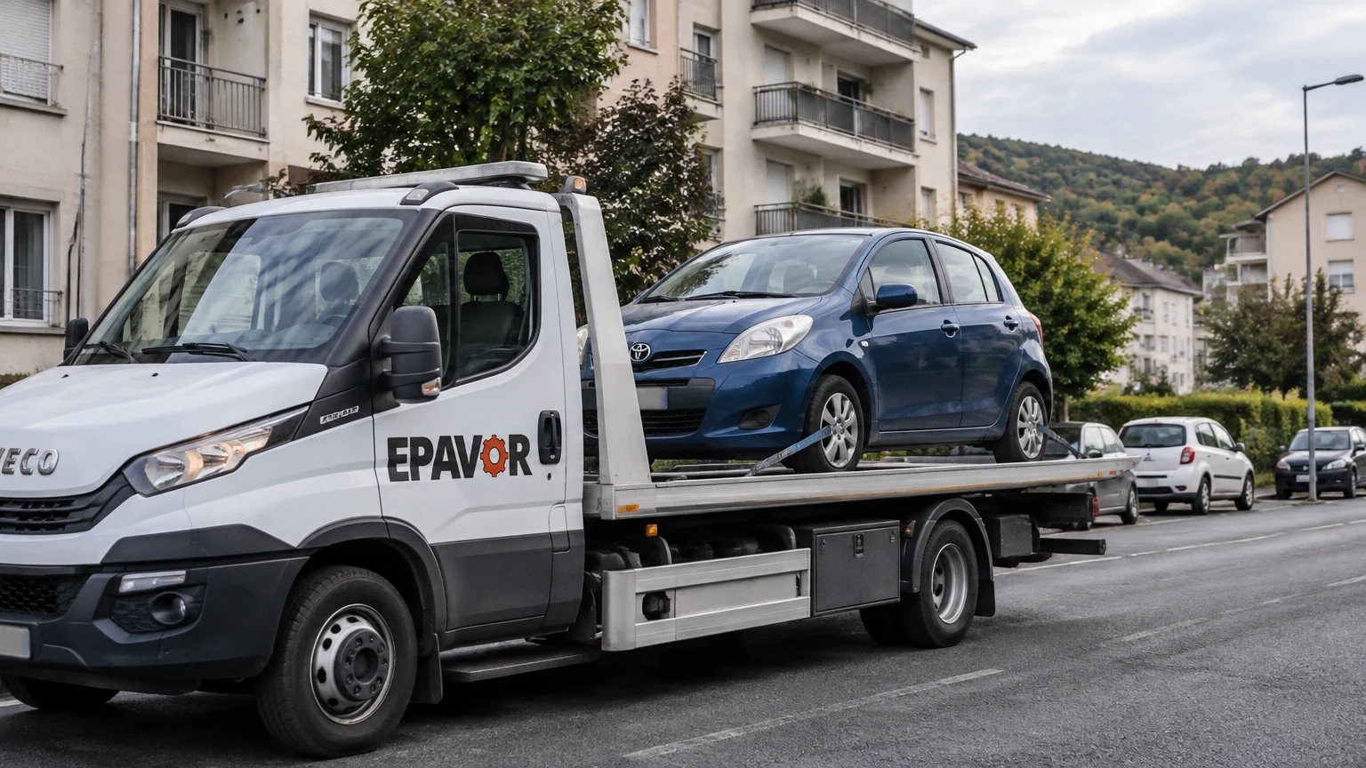 Illustration d’un enlèvement d’épave à Espalion avec une dépanneuse — service d’épaviste.