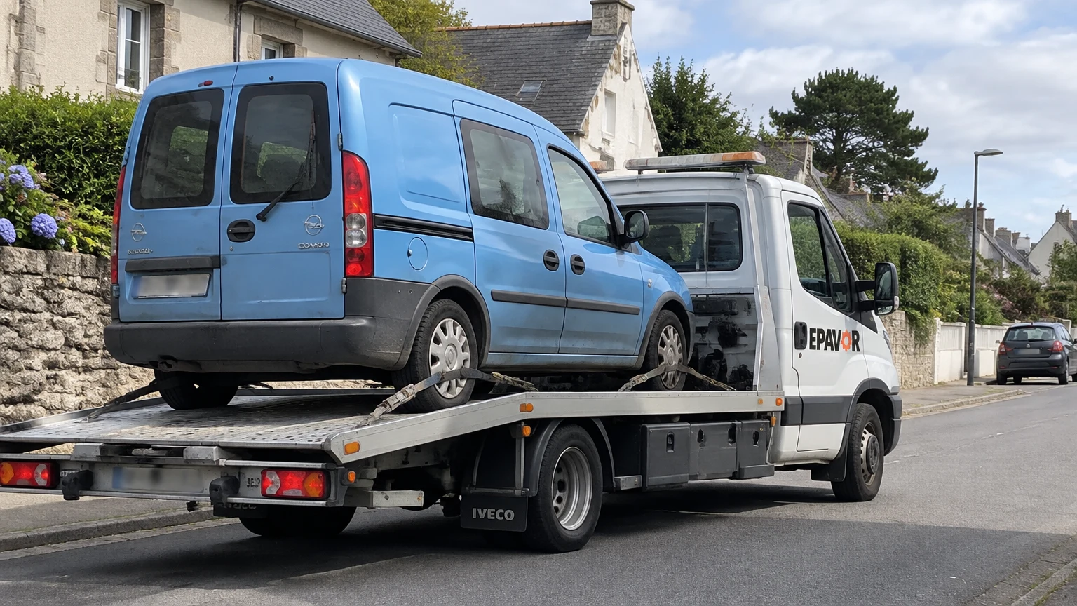 Illustration d’un enlèvement d’épave à Étables-sur-Mer avec une dépanneuse — service d’épaviste.