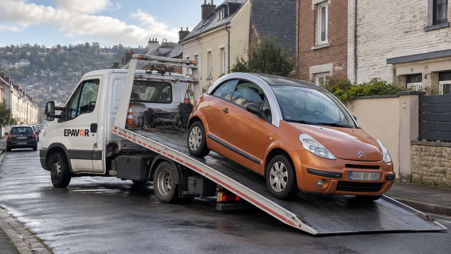 Illustration d’un enlèvement d’épave à Fécamp avec une dépanneuse — service d’épaviste.