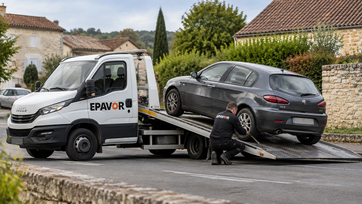 Illustration d’un enlèvement d’épave à Gramat avec une dépanneuse — service d’épaviste.