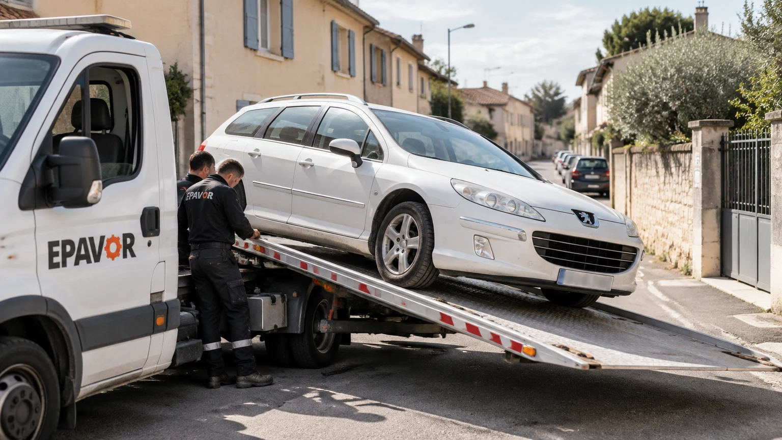 Illustration d’un enlèvement d’épave à Graveson avec une dépanneuse — service d’épaviste.