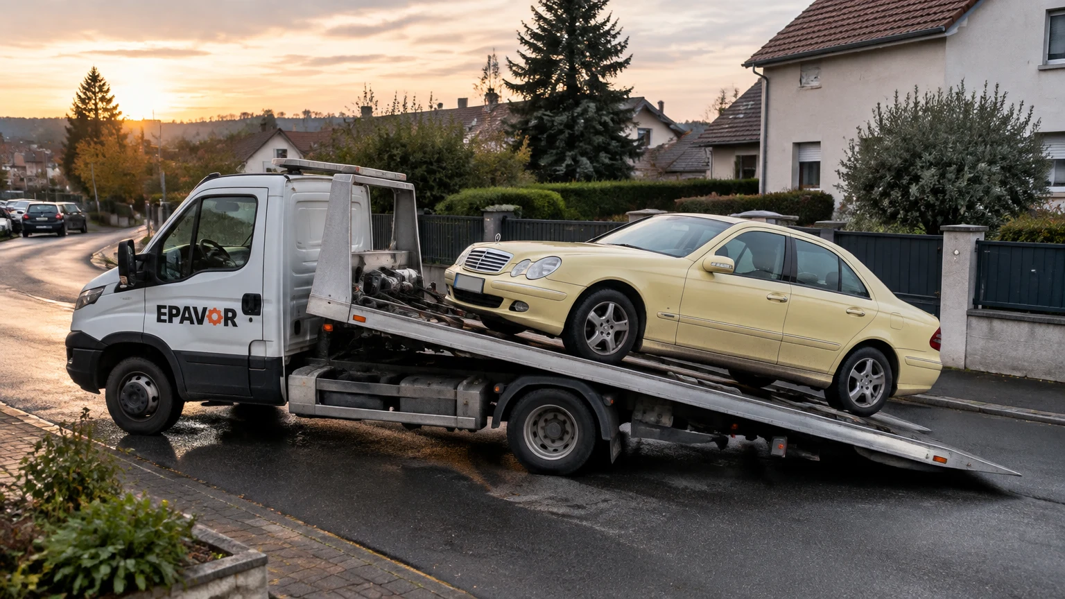 Illustration d’un enlèvement d’épave à Hégenheim avec une dépanneuse — service d’épaviste.