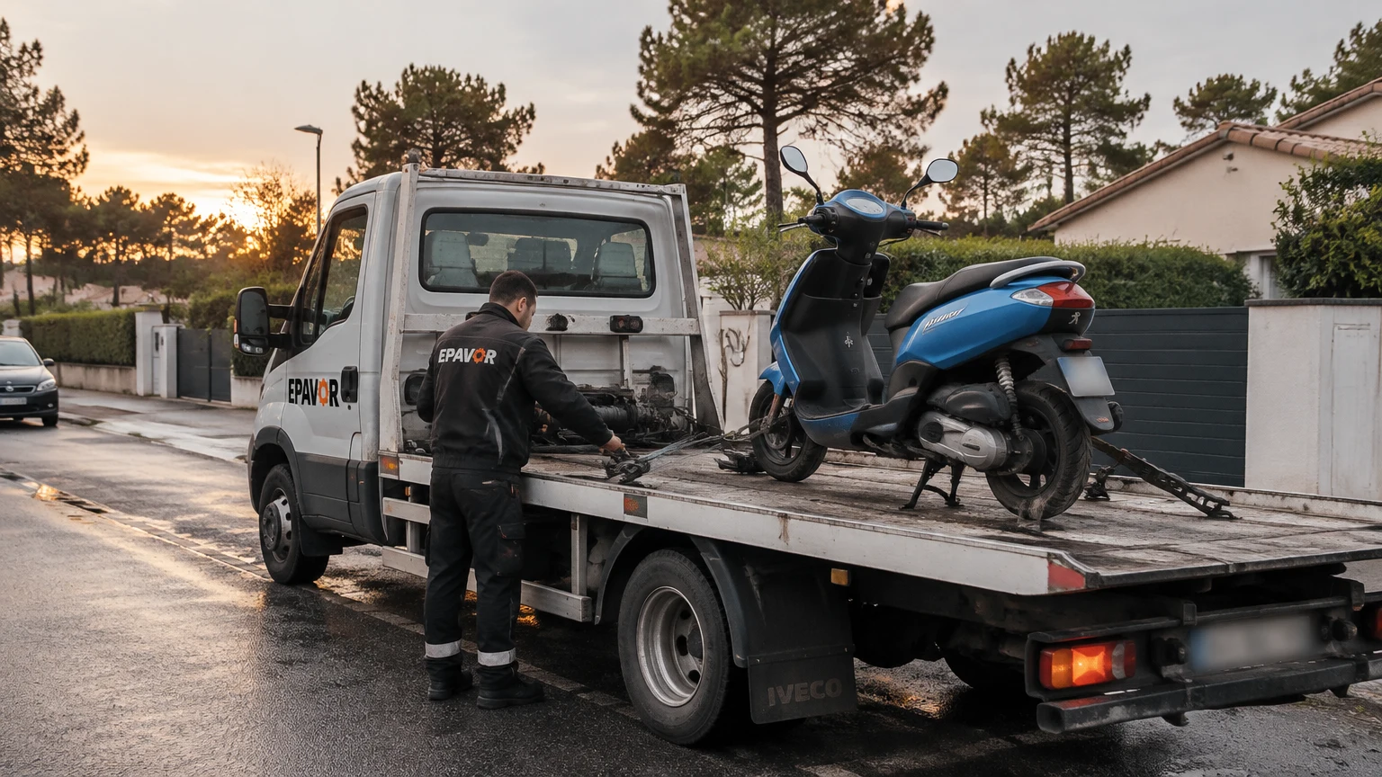 Illustration d’un enlèvement d’épave à Hourtin avec une dépanneuse — service d’épaviste.