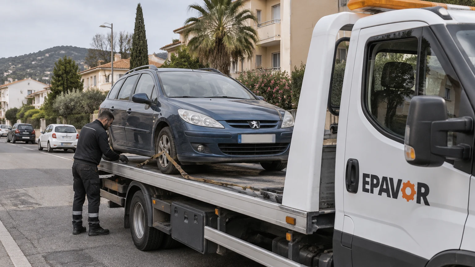 Illustration d’un enlèvement d’épave à Hyères avec une dépanneuse — service d’épaviste.