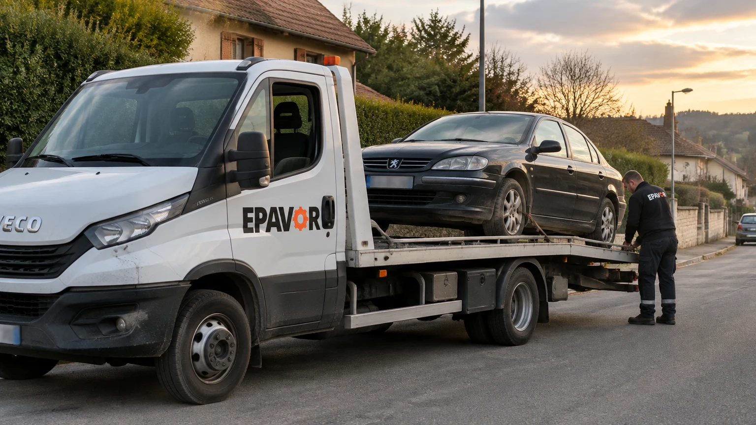 Illustration d’un enlèvement d’épave à Lamonzie-Saint-Martin avec une dépanneuse — service d’épaviste.