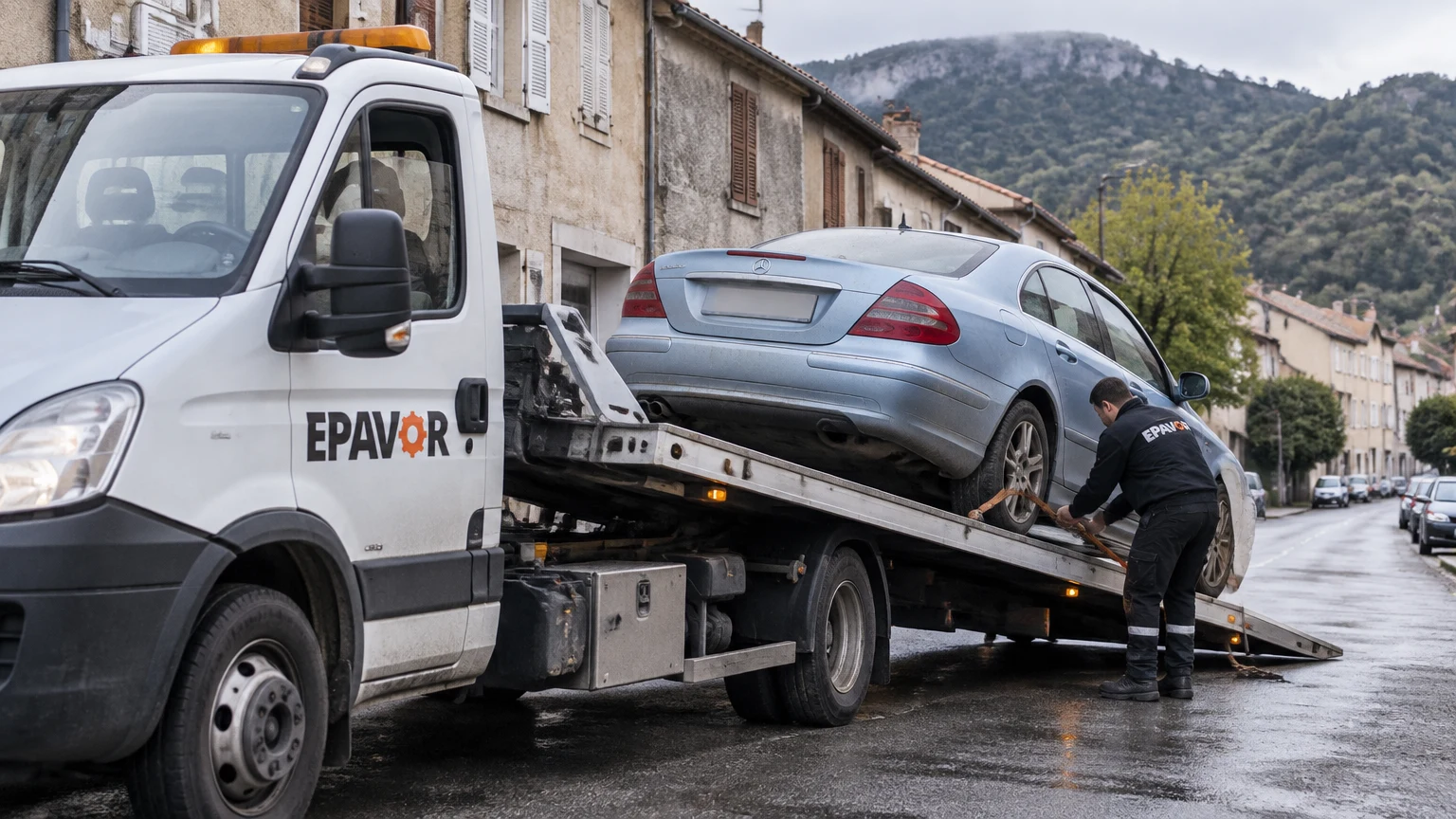 Illustration d’un enlèvement d’épave à Lavelanet avec une dépanneuse — service d’épaviste.