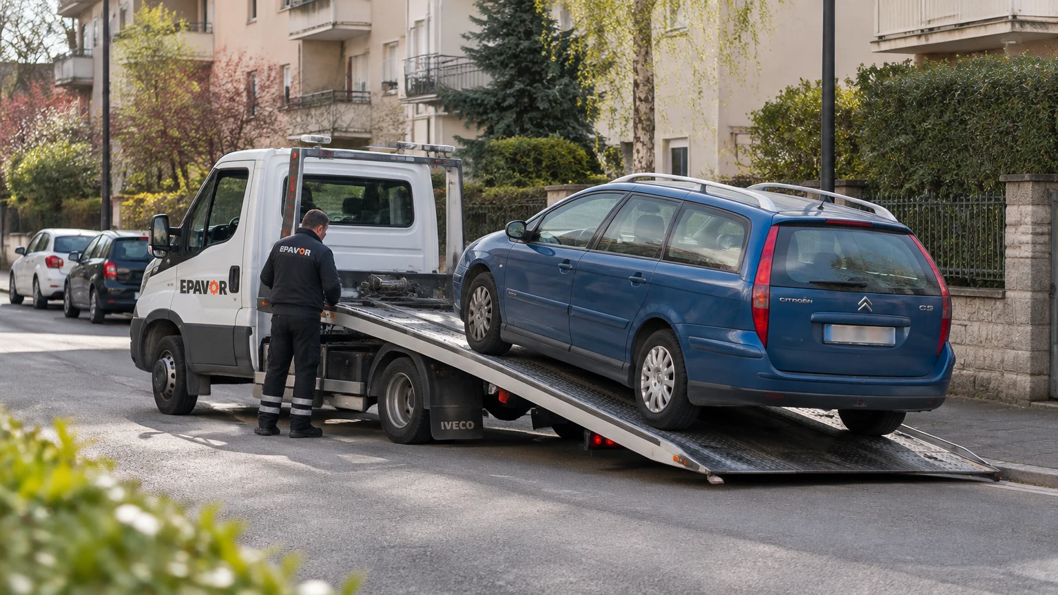 Illustration d’un enlèvement d’épave à Le Pecq avec une dépanneuse — service d’épaviste.