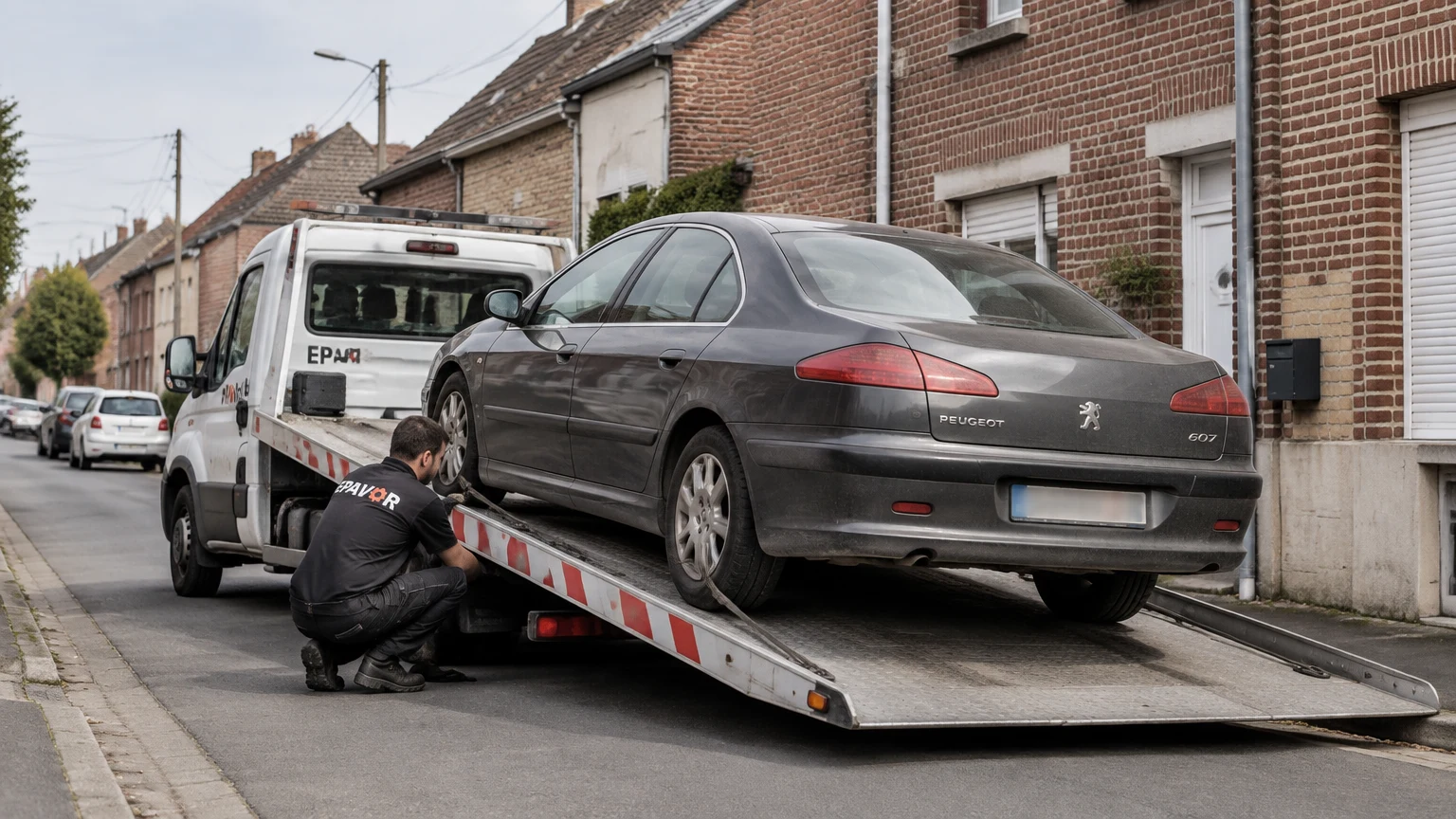 Illustration d’un enlèvement d’épave à Leval avec une dépanneuse — service d’épaviste.
