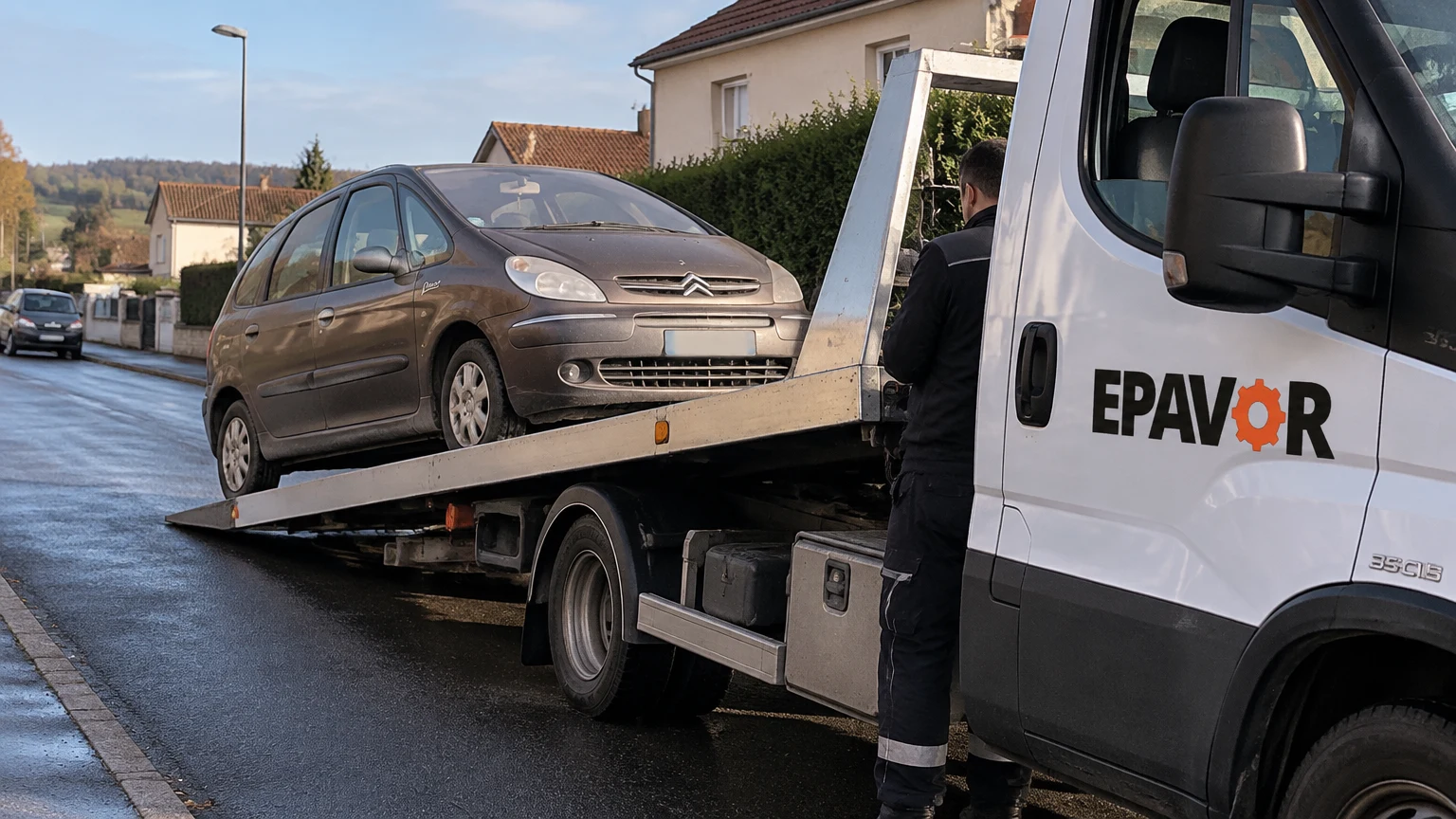 Illustration d’un enlèvement d’épave à Lexy avec une dépanneuse — service d’épaviste.