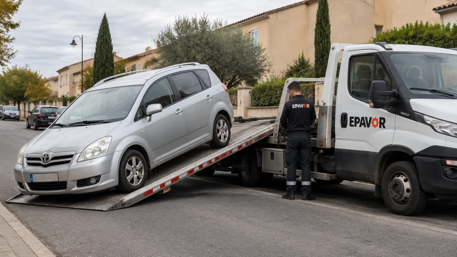 Illustration d’un enlèvement d’épave à Lézignan-Corbières avec une dépanneuse — service d’épaviste.