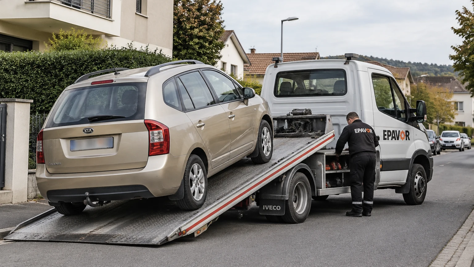 Illustration d’un enlèvement d’épave à Limas avec une dépanneuse — service d’épaviste.