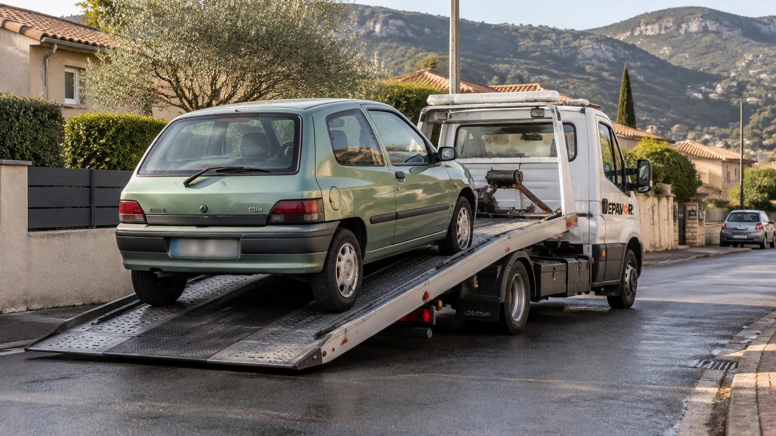 Illustration d’un enlèvement d’épave à Lodève avec une dépanneuse — service d’épaviste.