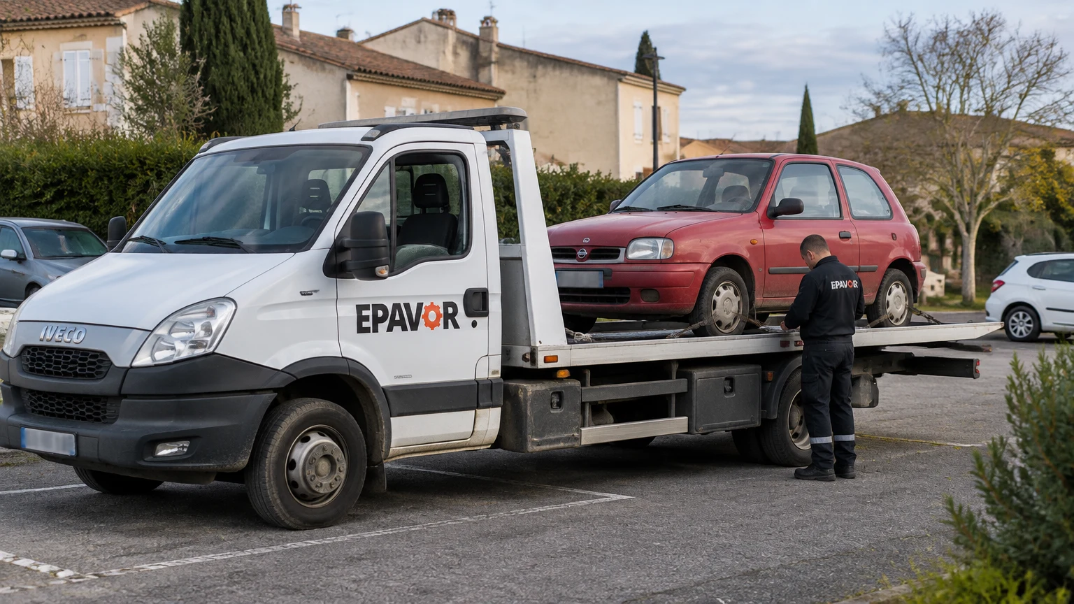 Illustration d’un enlèvement d’épave à Lombez avec une dépanneuse — service d’épaviste.