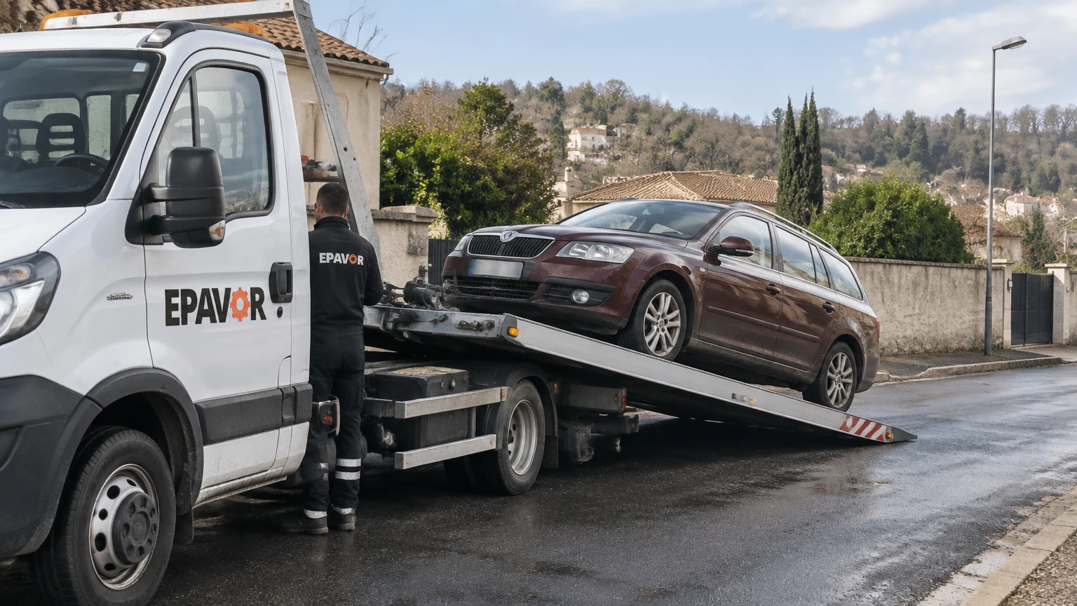 Illustration d’un enlèvement d’épave à Magnac-sur-Touvre avec une dépanneuse — service d’épaviste.