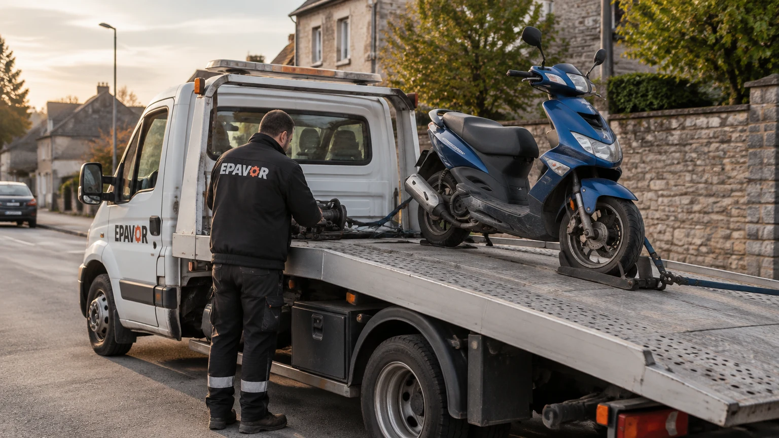 Illustration d’un enlèvement d’épave à Mésanger avec une dépanneuse — service d’épaviste.