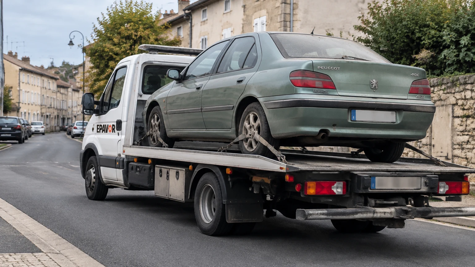 Illustration d’un enlèvement d’épave à Miramont-de-Guyenne avec une dépanneuse — service d’épaviste.