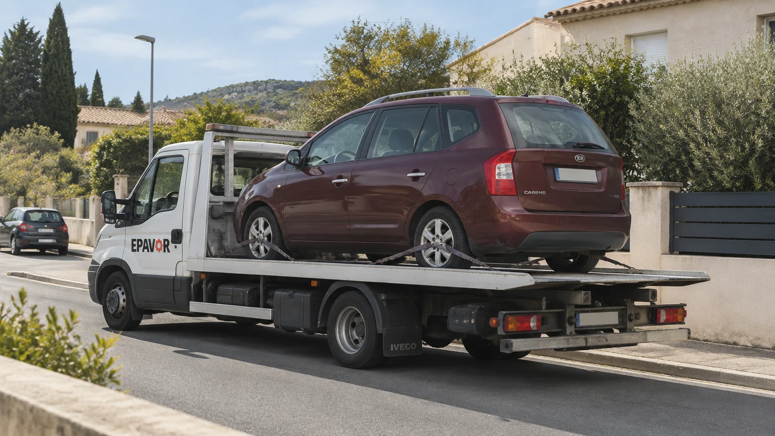 Illustration d’un enlèvement d’épave à Mireval avec une dépanneuse — service d’épaviste.